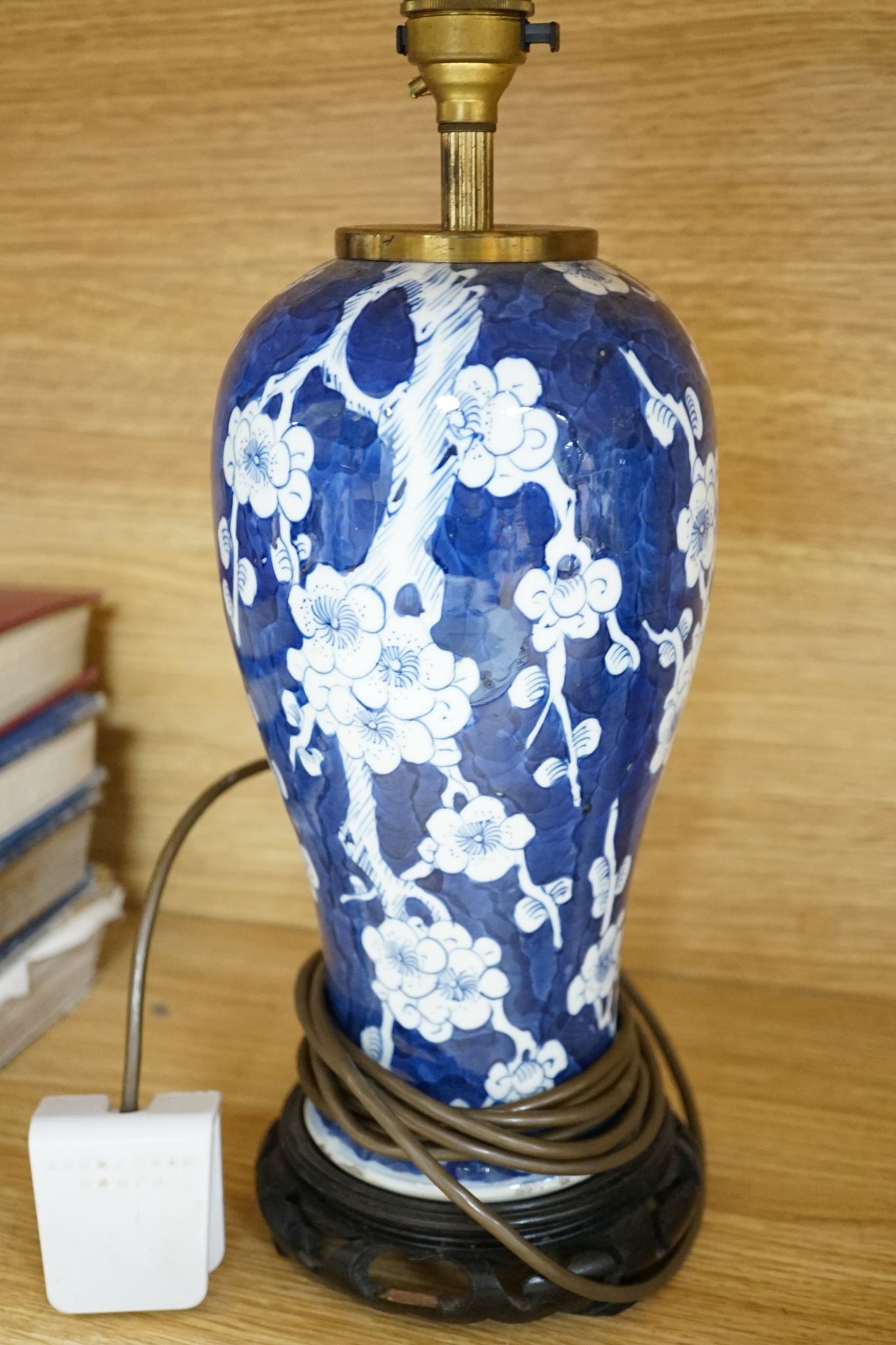 A pair of Chinese blue and white lamps and pair of ginger jars